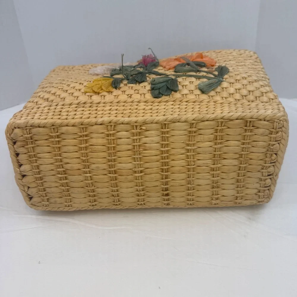 Vintage Woven Straw Tote Bag Raffia Floral Embroidery Boho Basket Beach Bag Tan - Picture 12 of 14